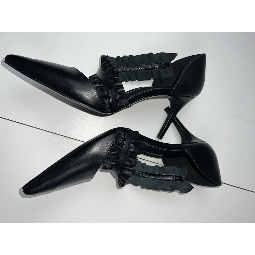Michael Kors Bella Pump Black Leather Open Ruffle Pointed Toe Dress 8